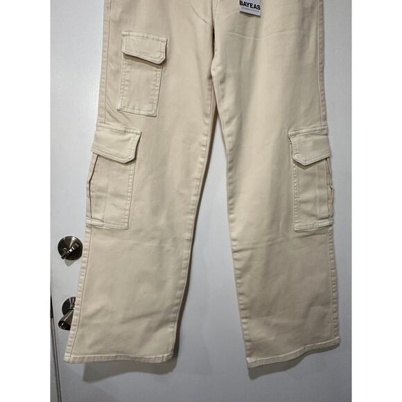 Bayeas High Rise Wide Leg Beige Cargo Jeans Size 26 NWT Stretchy Utility - Picture 5 of 14